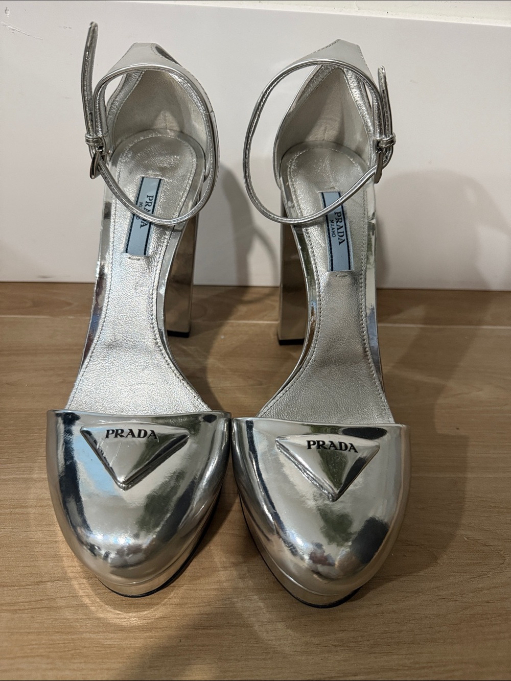 Prada Silver Metallic Ankle-Strap Block Heels